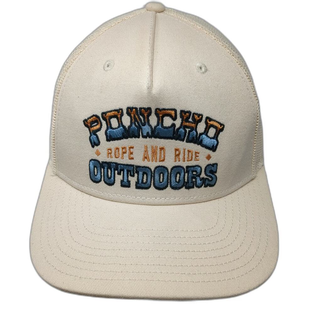 Poncho Outdoors Trucker Hat Beige One Size Mesh Back Blue Orange Rope and Ride